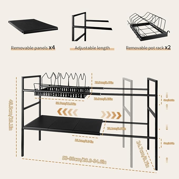 Pots and Pans Organizer Under Cabinet, Expandable Length, Adjustable Height - Image 2