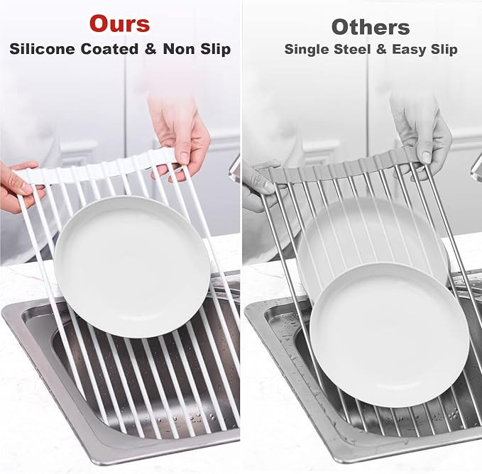 MERRYBOX Roll Up Over The Sink Dish Drying Rack Silicone Wrapped Foldable - Image 7