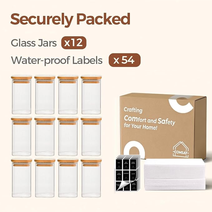 ComSaf 12Pcs Spice Jars with Labels, Glass Jar with Bamboo Lid, 10oz Airtight - Image 8