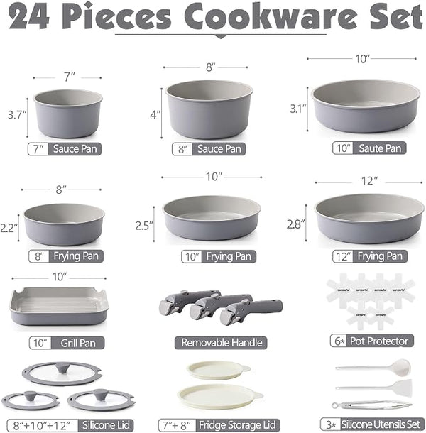 SENSARTE 24 Piece Ceramic Pots and Pans Set, Nonstick Detachable Handle Cookware - Image 2