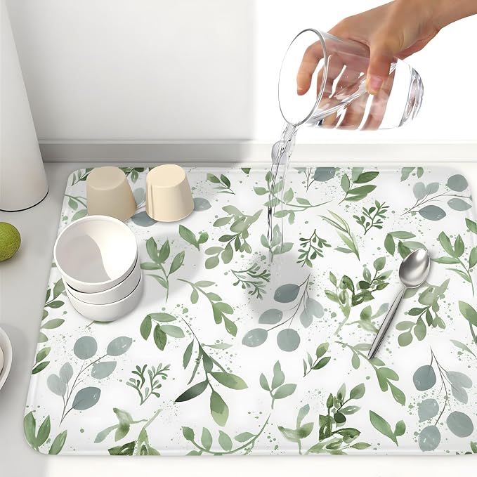 Spring Summer Sage Green Leaves Dish Drying Mat 16 x 18 Inch Spring Eucalyptus - Image 6