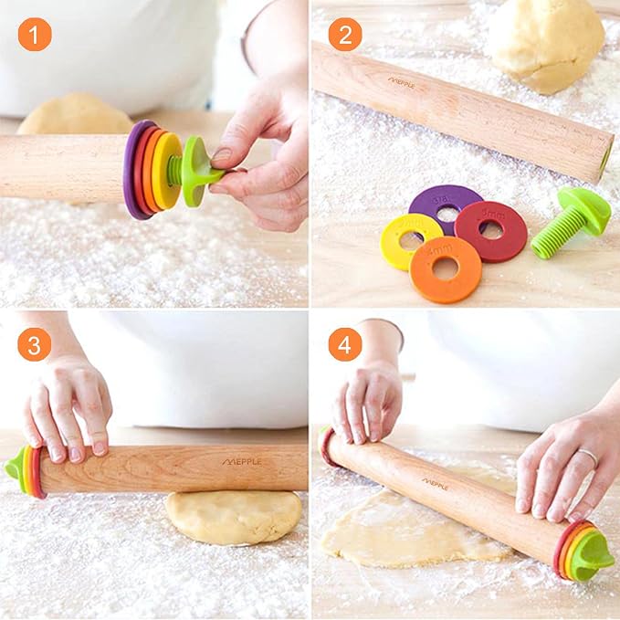 Rolling Pin with Thickness Rings and Pastry Baking Mat, 13.6" Adjustable Wooden - Image 5