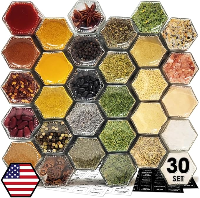 30 Set Magnetic Spice Jars for Refrigerator Hexagon Glass Spice Jars by CROSS+HOMES