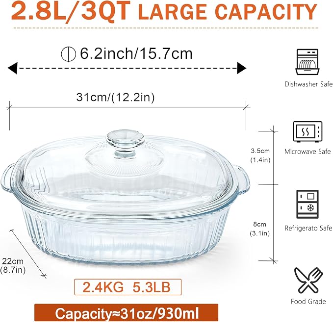 Reasim 2.8L/3Qt Glass Casserole Baking Dish - Image 2