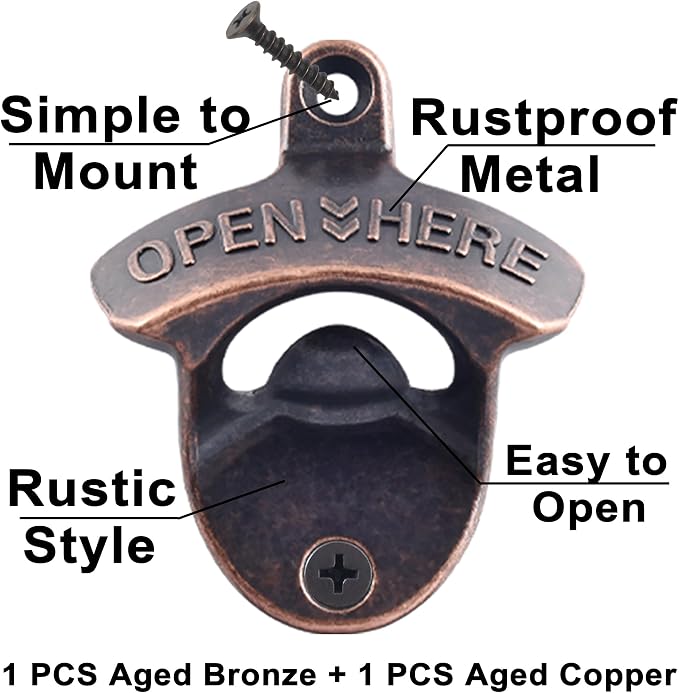 Rustic Wall Mount Bottle Opener Antique Copper, Old Fashion Post Mounted Beer - Image 2