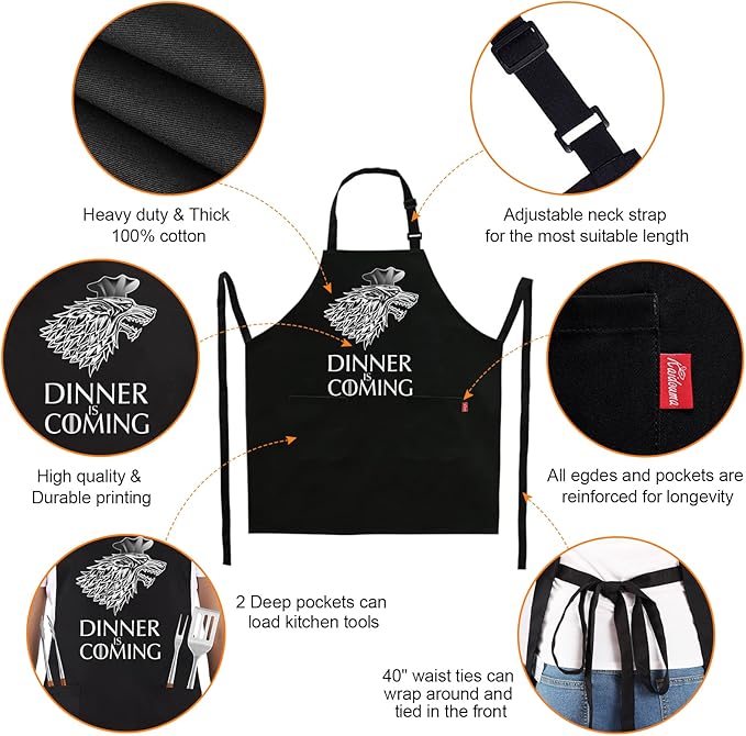 Grill Aprons for Men Women, Dinner is Coming Kitchen Chef Apron - Image 3