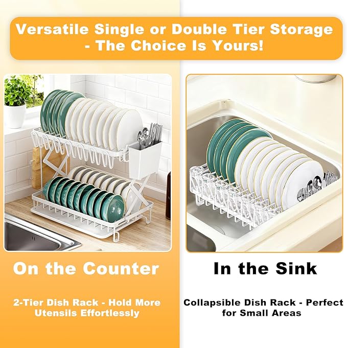 2-Tier Dish Racks for Kitchen Counter, Large Dish Drainers for Kitchens Counter - Image 6