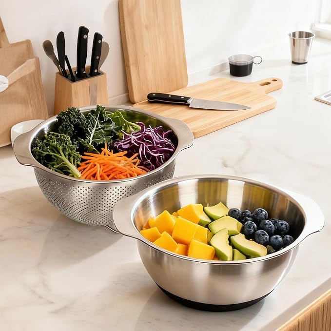 304 Stainless Steel Colander, 2.5 QT Capacity and 2.5 QT Mixing Bowl, Micropore - Image 3